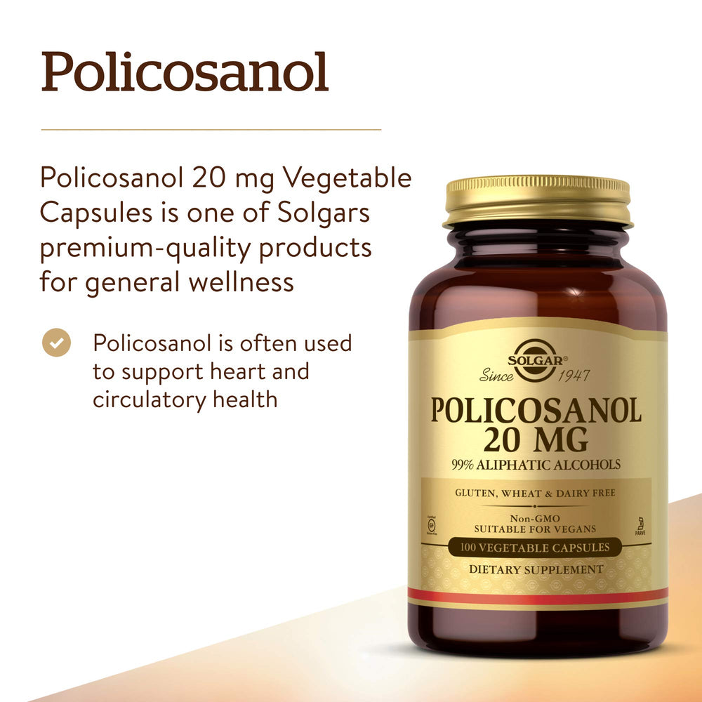 Solgar Policosanol 20 mg capsules pour for easy daily dosing.
