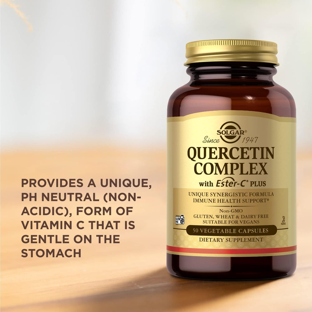 Badge confirms vegan, gluten-free, and non-GMO options for Solgar Quercetin Complex