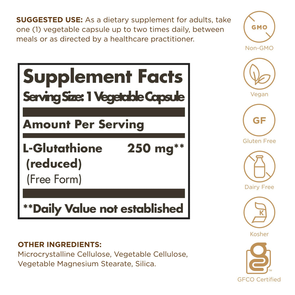 Solgar Reduced L-Glutathione capsules close-up; vegan, non-GMO antioxidant support.