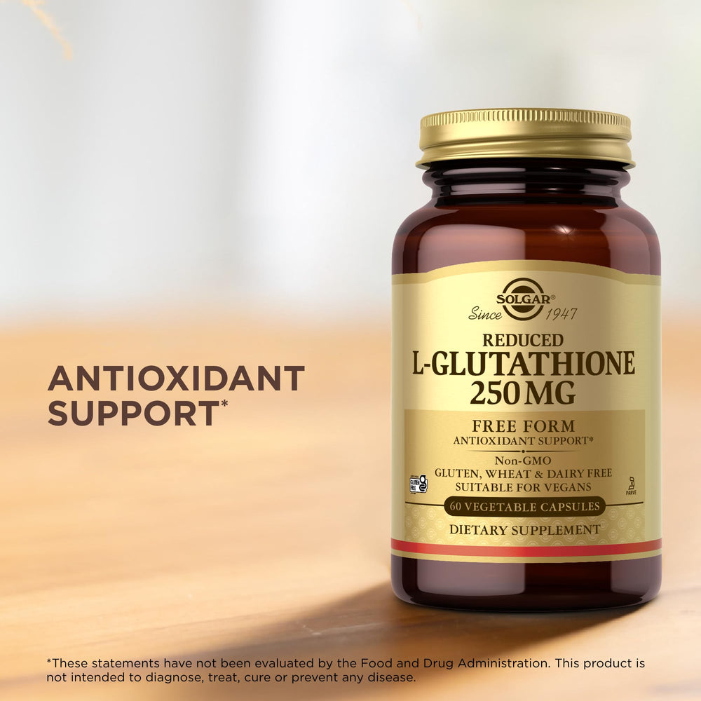 Solgar ingredient list close-up; amino acids glutamic acid, cysteine, glycine.