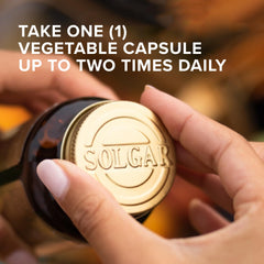 Solgar bottle label close-up; gluten-free and dairy-free for sensitive diets.