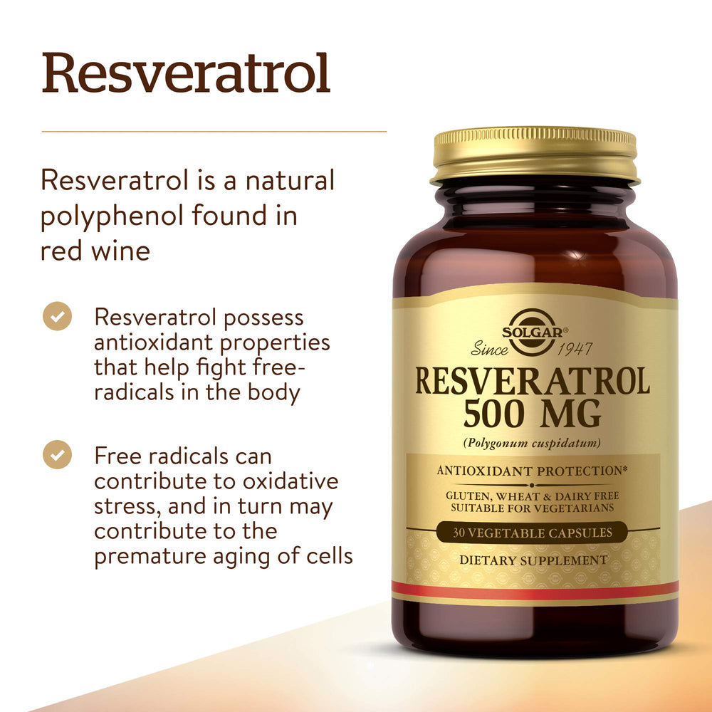 Solgar Resveratrol capsules close-up, convenient vegetarian supplement