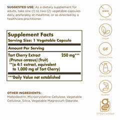 Label detail highlighting a 4:1 extract and polyphenol content in Solgar Tart Cherry.
