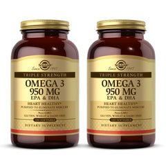 Solgar Omega-3 triple-strength bottle closeup highlighting high potency softgels for daily use.