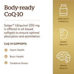 Solgar ubiquinol softgels oil-based formula close-up for absorption.