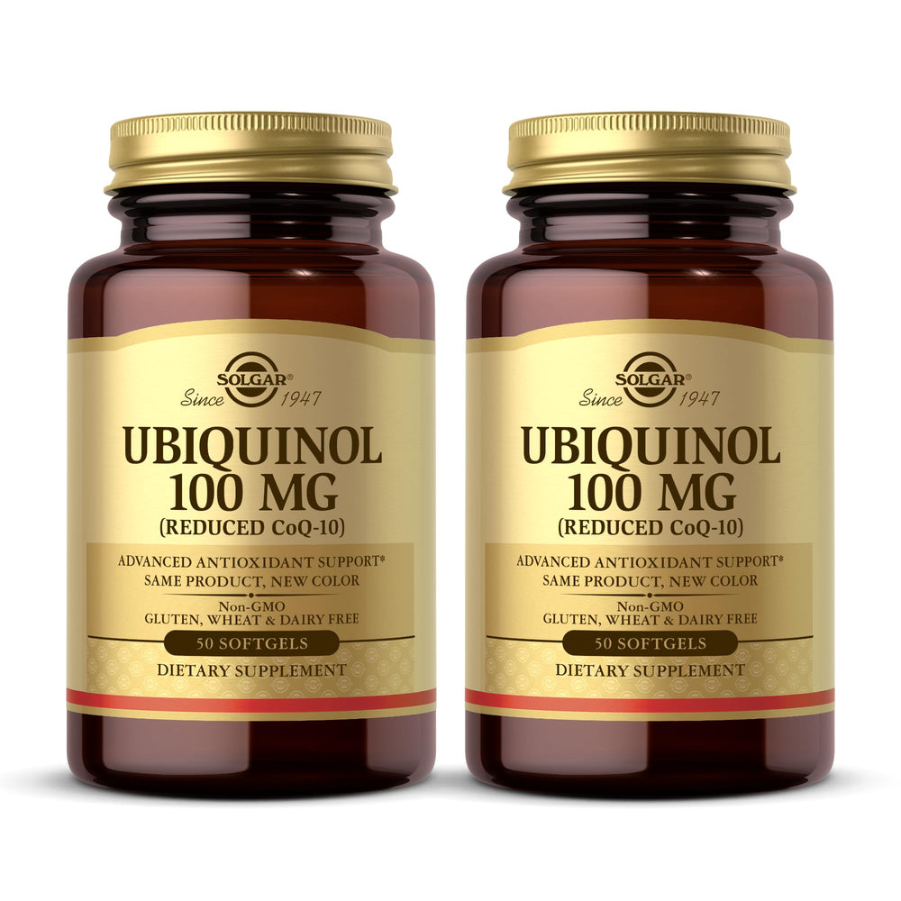 Solgar Ubiquinol 100 mg softgels bottle front highlights antioxidant support.