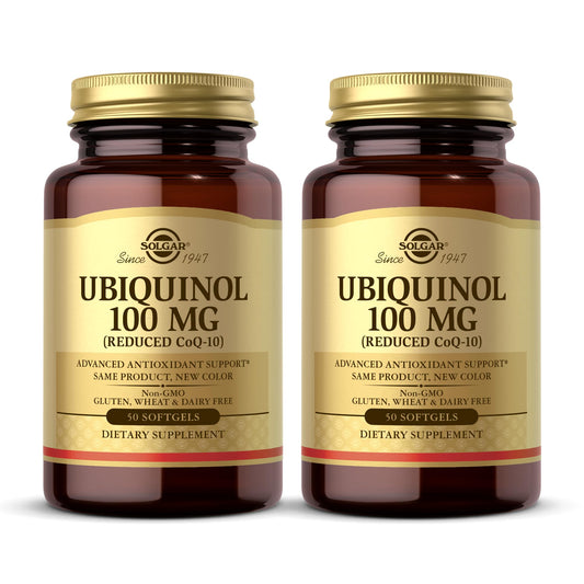 Solgar Ubiquinol 100 mg softgels bottle front highlights antioxidant support.