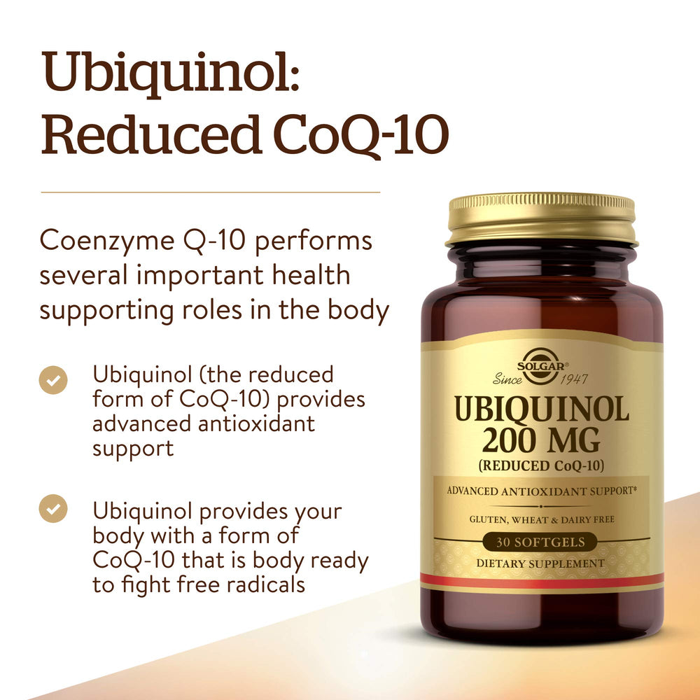 Solgar Ubiquinol 200 mg label detail highlights gluten-free and dairy-free features.