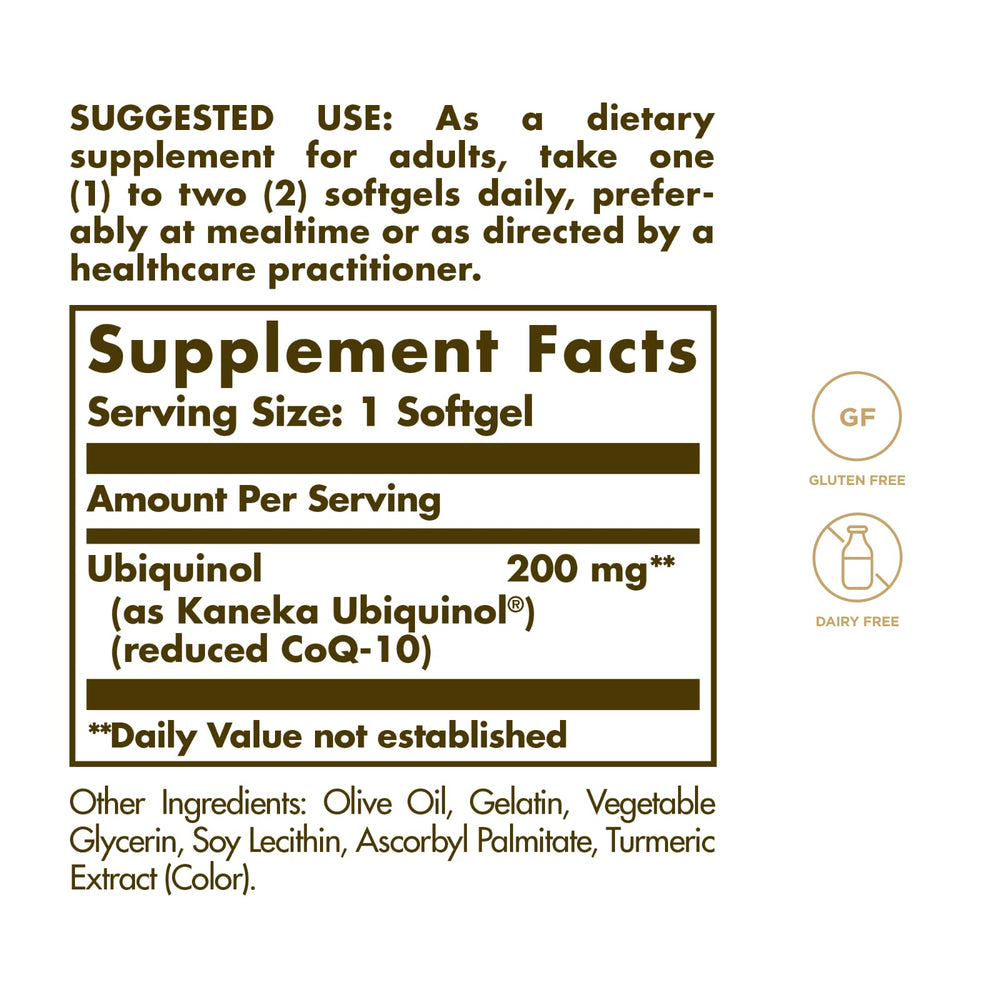 Solgar Ubiquinol 200 mg softgels closeup shows oil-based texture for absorption.
