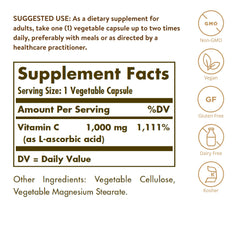 Solgar Vitamin C 1000 mg bottle label close-up highlighting vegan and non-GMO features.