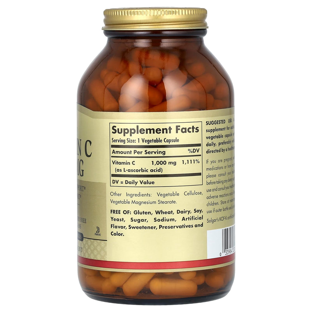 Solgar Vitamin C 1000 mg capsules in hand for convenient daily intake.