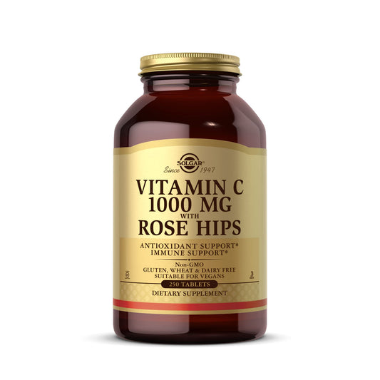Solgar Vitamin C 1000 mg bottle with Rose Hips boosting immune support