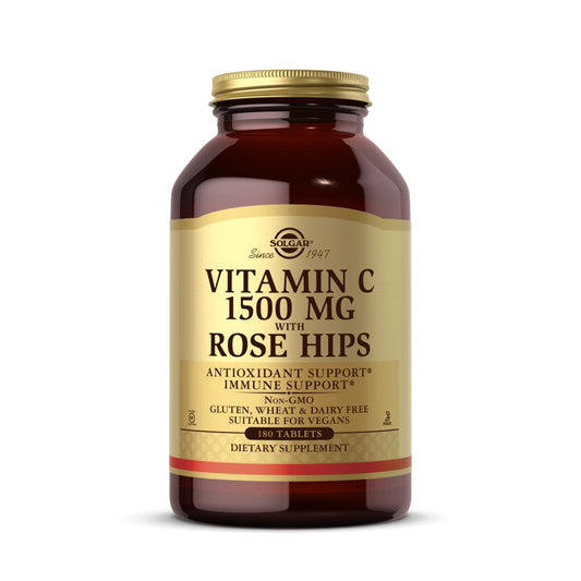Solgar Vitamin C 1500 mg with Rose Hips bottle shown for daily immune support.