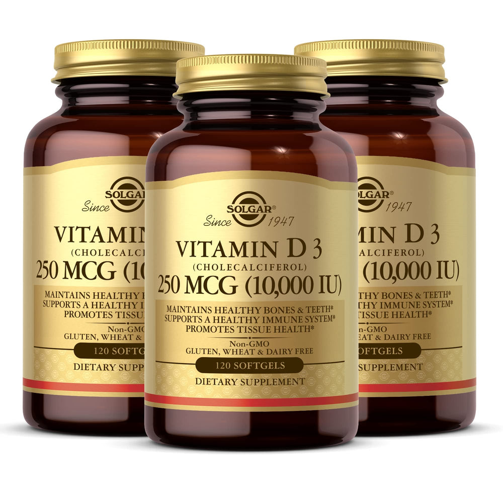 Solgar Vitamin D3 softgels outer bottle showing dosage and packaging for bone and immune support.