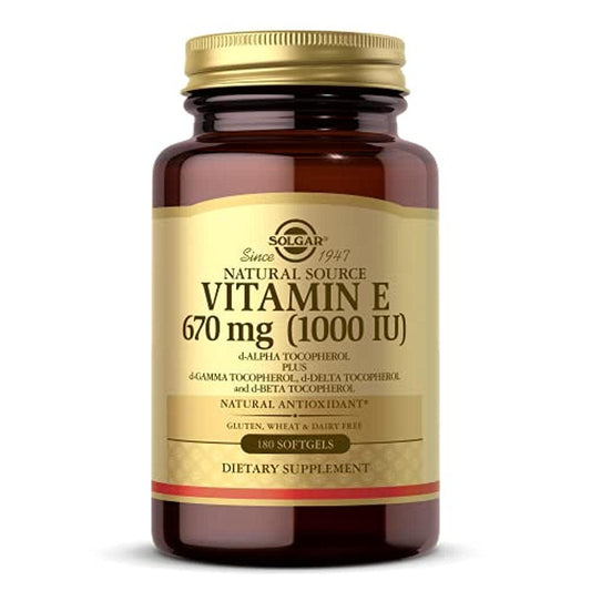 Solgar Vitamin E 670 mg softgels bottle for daily antioxidant protection.
