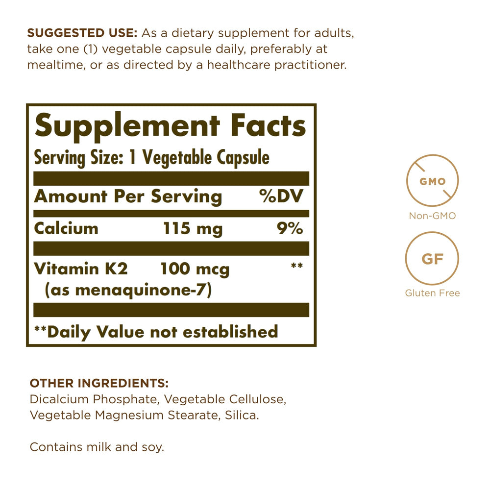 Solgar K2 MK-7 capsules for convenient daily bone-support in vegan, gluten-free form.