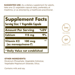 Solgar K2 MK-7 capsules for convenient daily bone-support in vegan, gluten-free form.