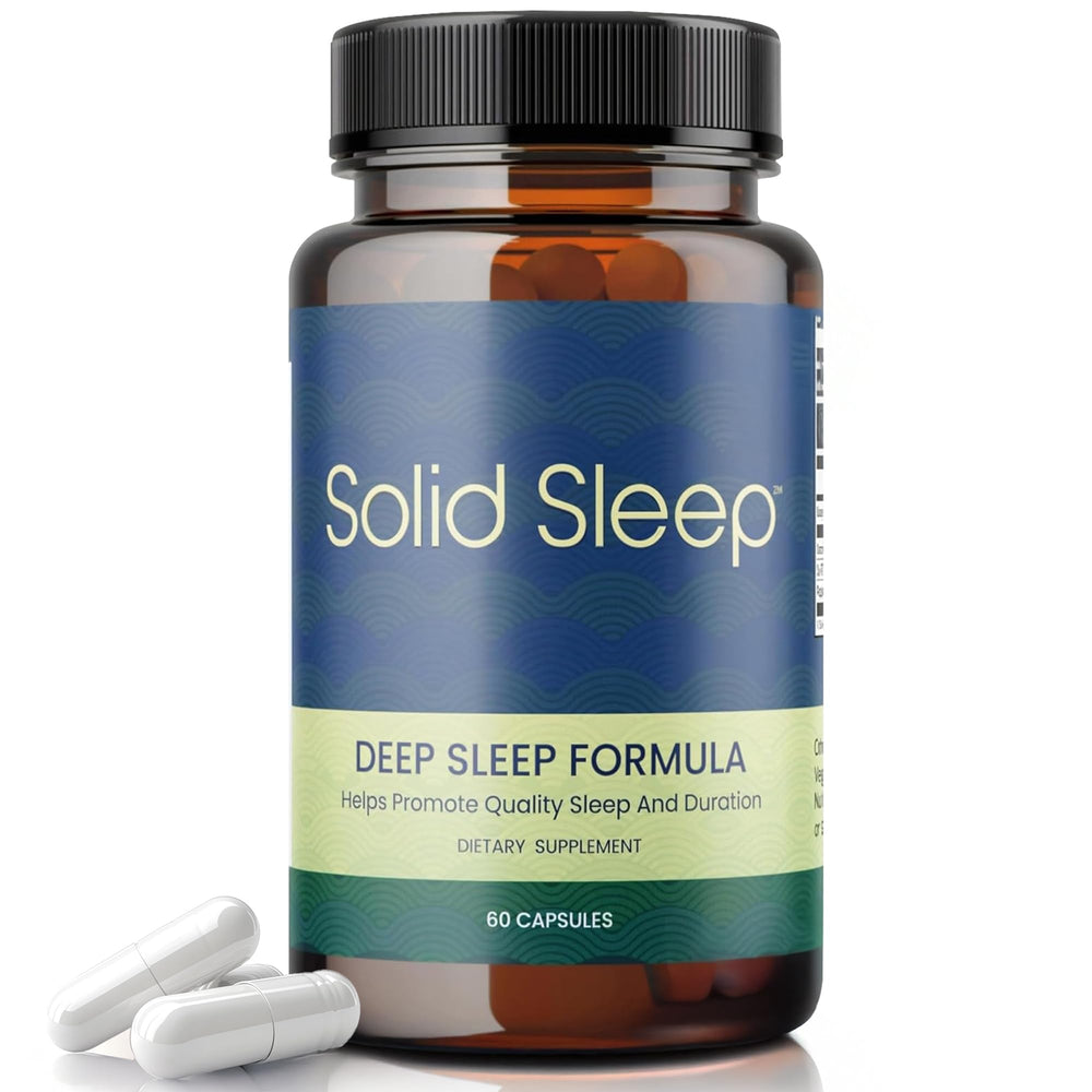 Solid Sleep Deep Sleep Formula bottle front with vegan capsules for calm nights