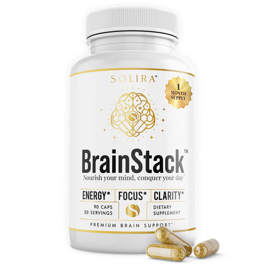 Solira BrainStack bottle close-up highlighting Lion’s Mane for focus