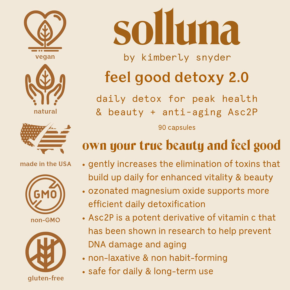Solluna Detoxy 2.0 bottle label detailing Asc2P and non-GMO formula