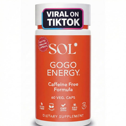 Sol Nutrition GoGo Energy bottle promoting natural daytime energy