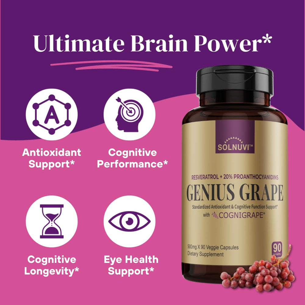 SOLNUVI Genius Grape Cognigrape extract label emphasizing 20% proanthocyanidins.