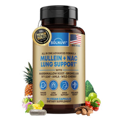 SOLNUVI Mullein Leaf Extract NAC bottle, a potent lung support blend for daily wellness.
