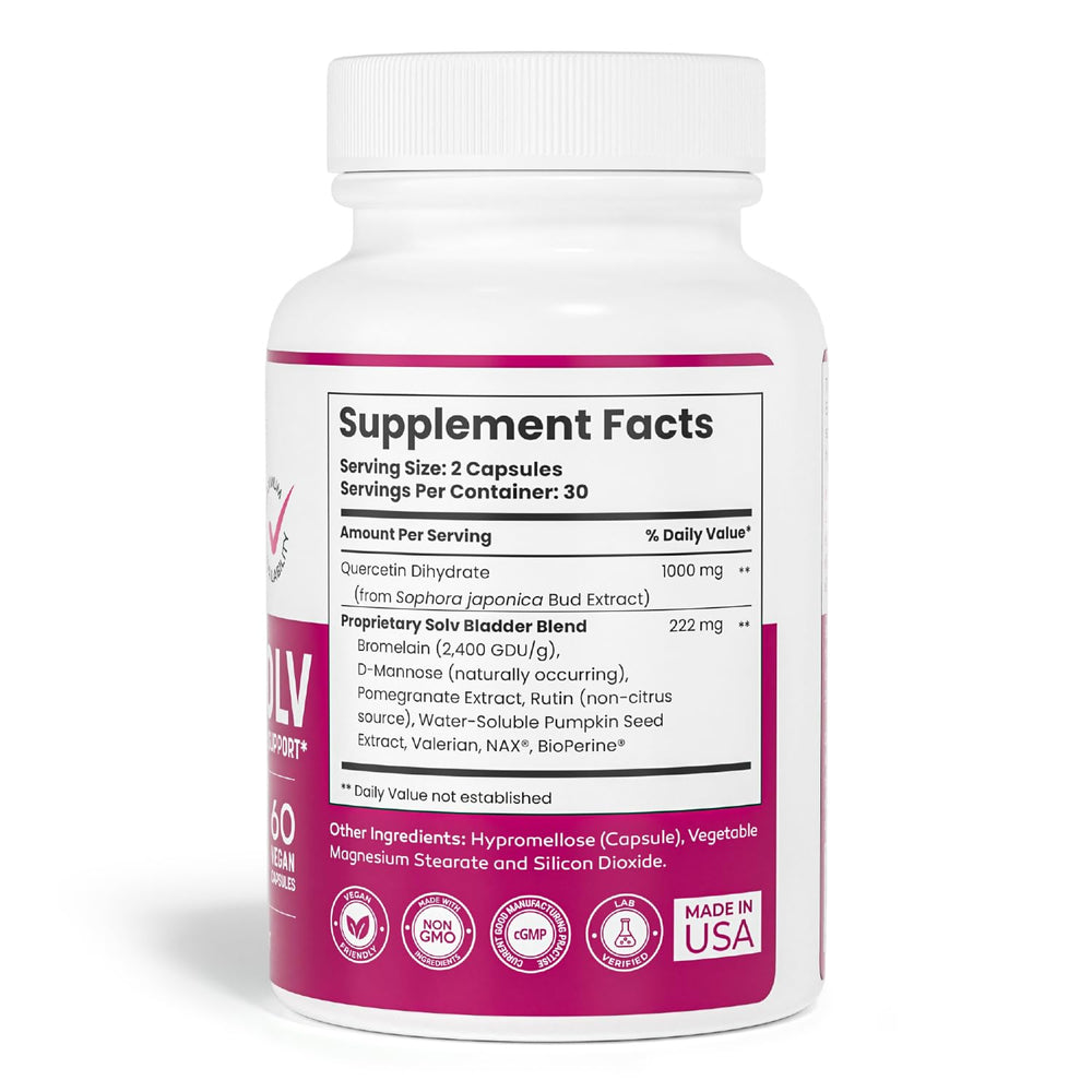 Close-up of SOLV NATURALS CYSTASOLV bottle pouring capsules for easy daily dosing