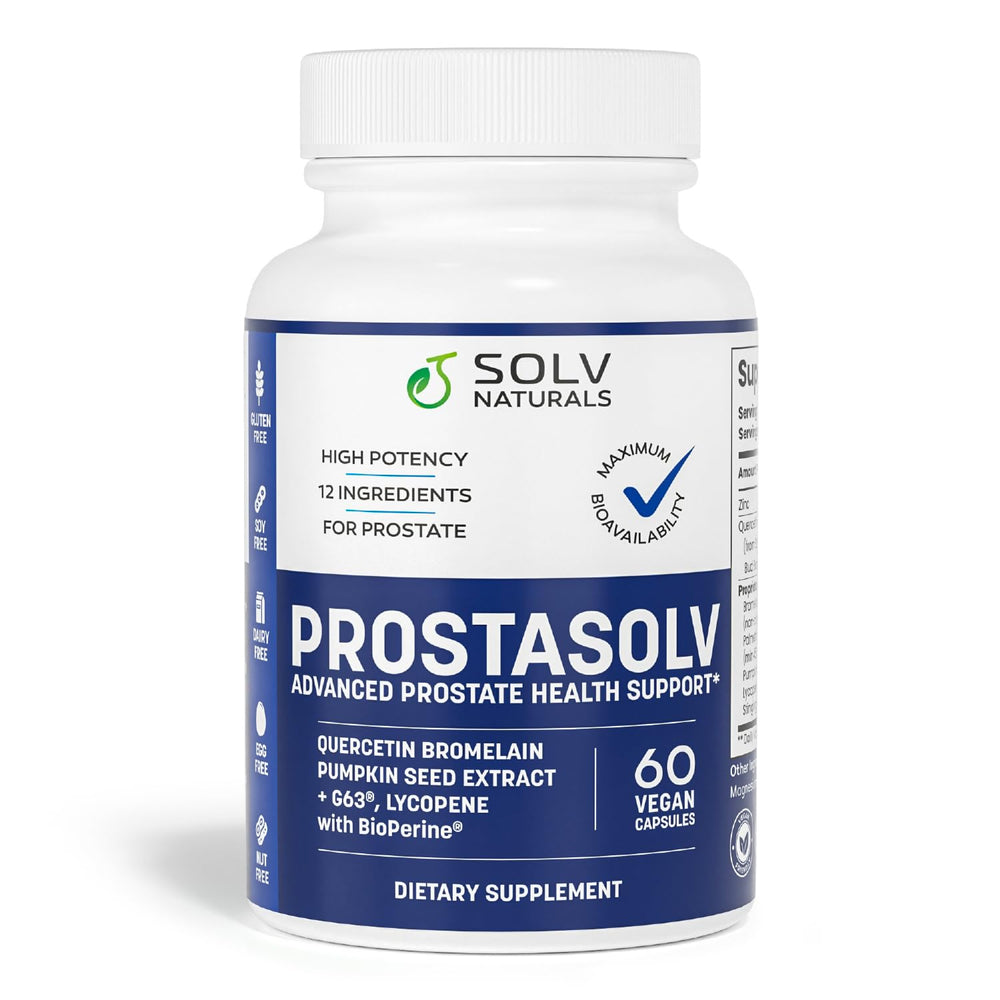 SOLV NATURALS Prostsolv bottle close-up highlighting vegan capsules for daily prostate support