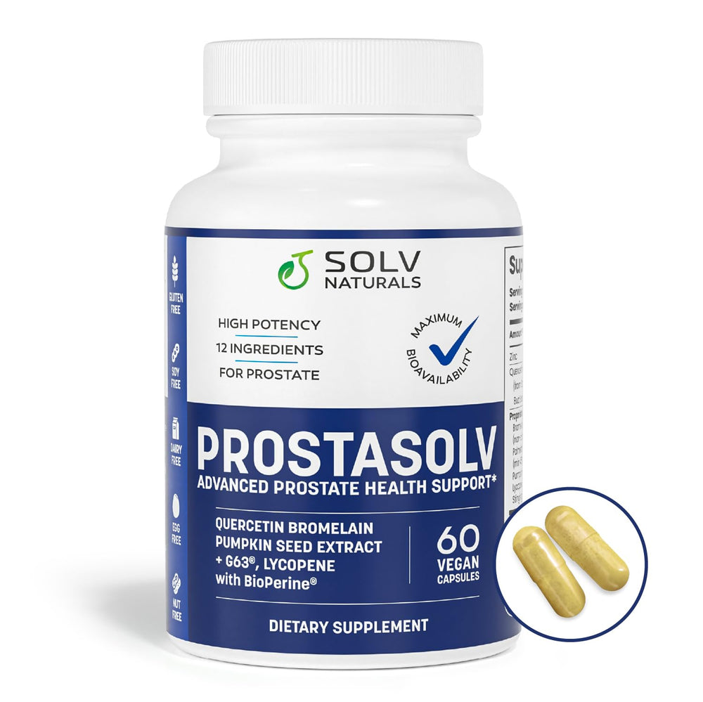 SOLV NATURALS Prostsolv vegan capsules arranged for a 30-day supply