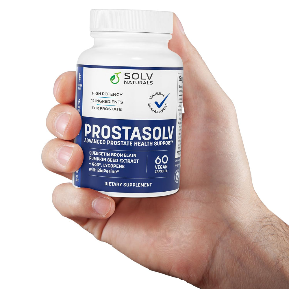 SOLV NATURALS Prostsolv label indicates USA-made, quality-tested, vegan formula