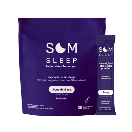Som Sleep packaging for cherry sleep aid powder showing convenient nightly routine
