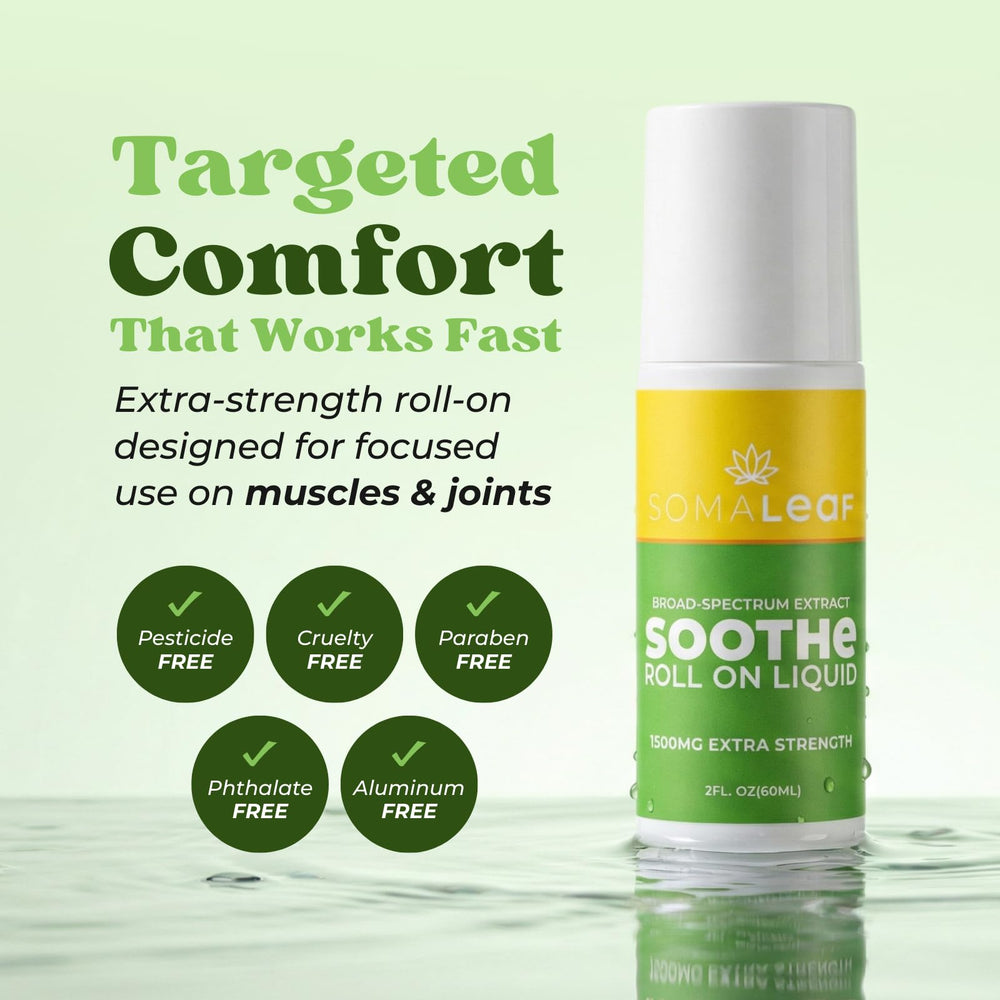 SomaLeaf Soothe Roll-On applied to a sore area for targeted comfort