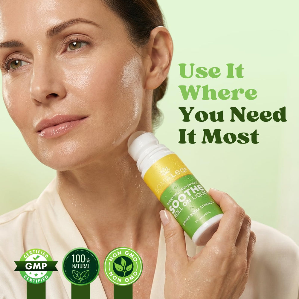 SomaLeaf Soothe Roll-On cooling close-up highlights menthol and eucalyptus