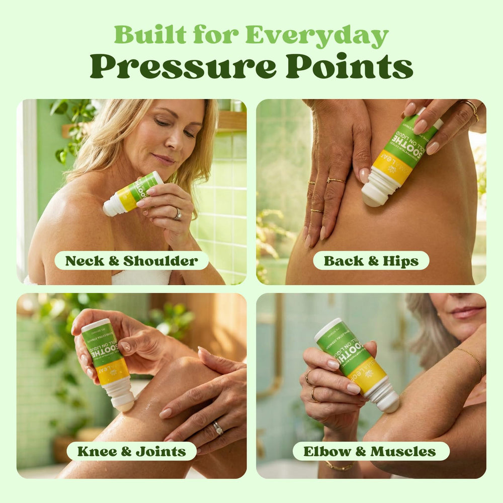 SomaLeaf Soothe Roll-On ingredients visual shows natural essential oils