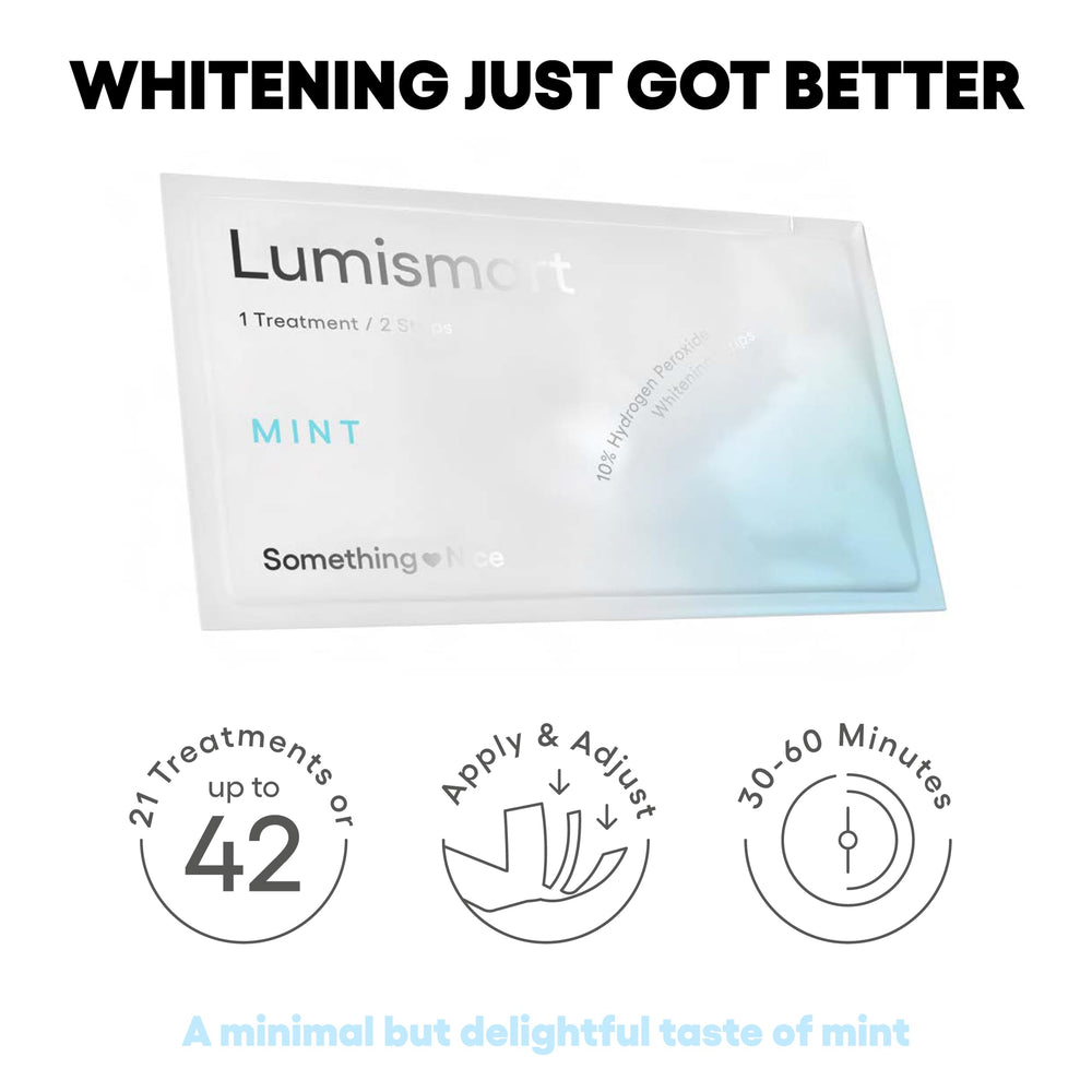 Something Nice Lumismart strip close-up on teeth for gentle whitening.