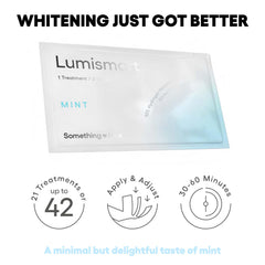 Something Nice Lumismart strip close-up on teeth for gentle whitening.