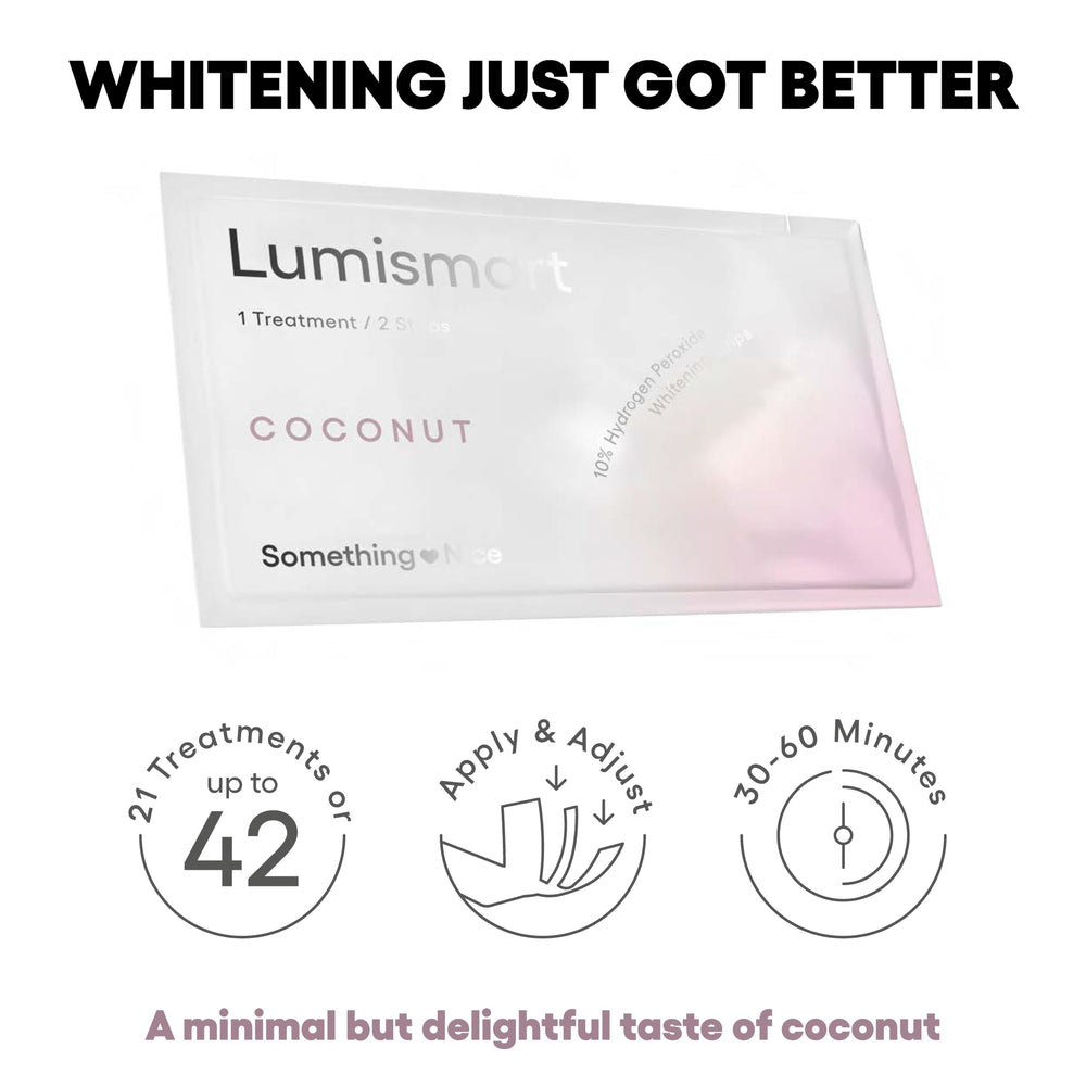 Something Nice Lumismart Whitening Strips flavors-coconut pack displays coconut-flavored whitening option for a routine.
