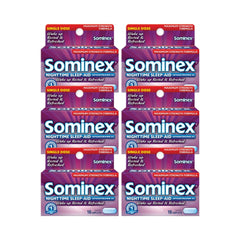Sominex Nighttime Sleep-Aid caplets bottle shown for nighttime rest.