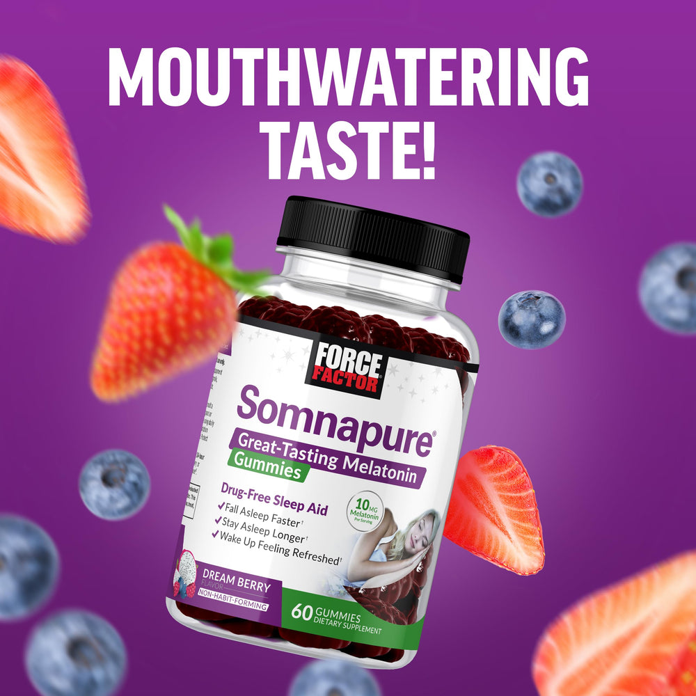 Somnapure Gummies melatonin 10mg per gummy shown for potent evening support