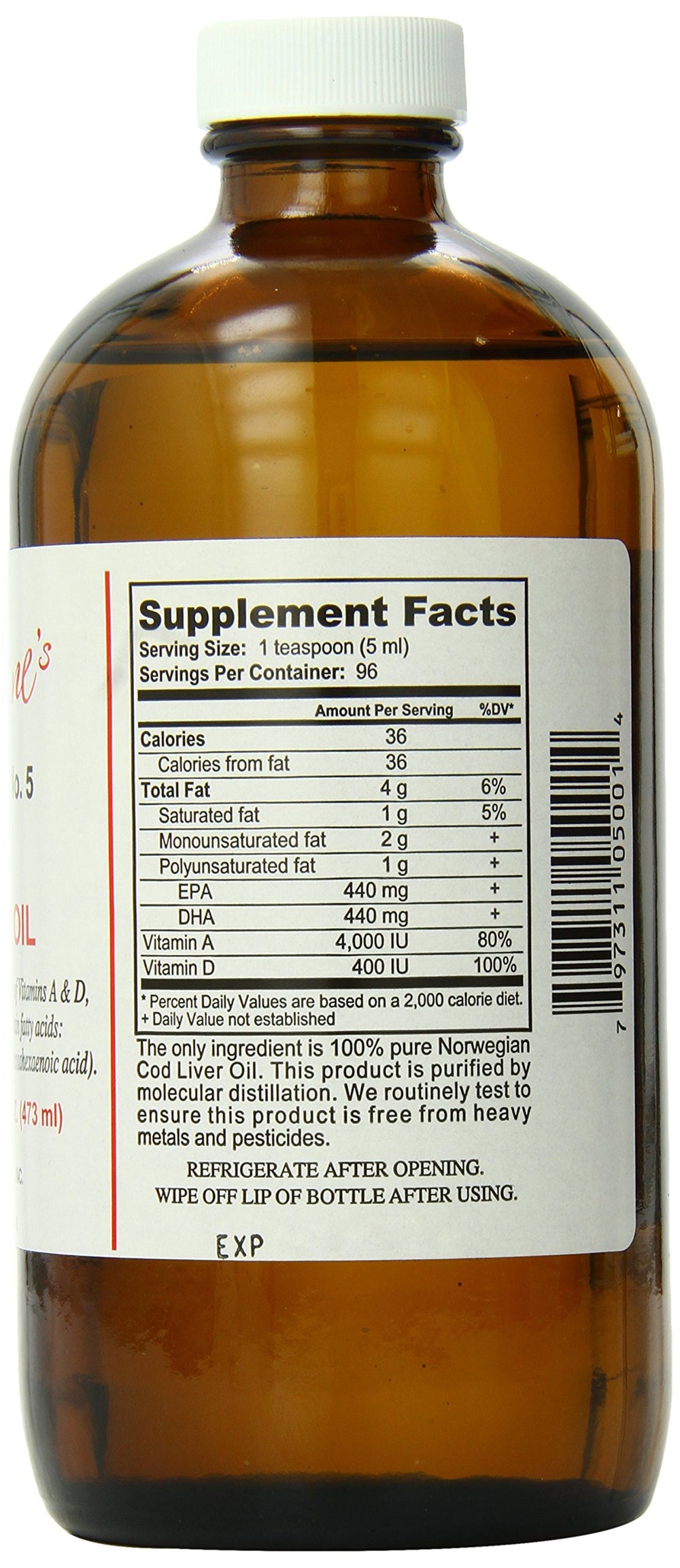 Sonne's Old Fashioned Cod Liver Oil No. 5 label emphasizes unrefined omega-3 content.