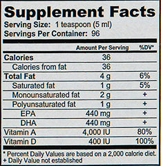 Nutrition facts for Sonne's Old Fashioned Cod Liver Oil No. 5 showing EPA and DHA.
