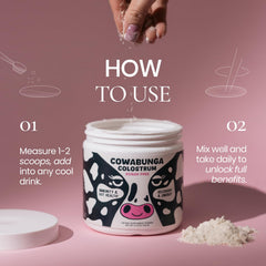 SonoHealth Cowabunga Colostrum daily-dose scoop shows precise measurement for consistent dosing.