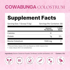 SonoHealth Cowabunga Colostrum nutrition label highlights full-spectrum benefits