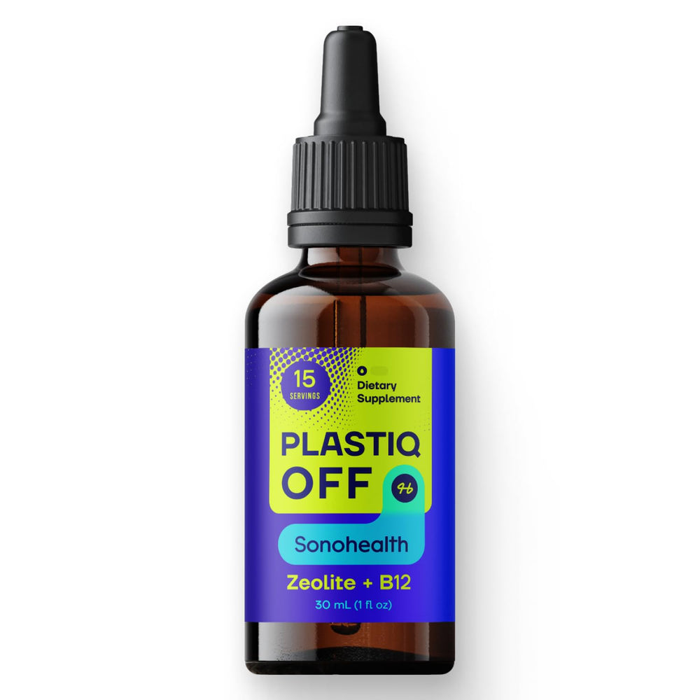 SonoHealth Plastiq Off Zeolite bottle for daily detox support.