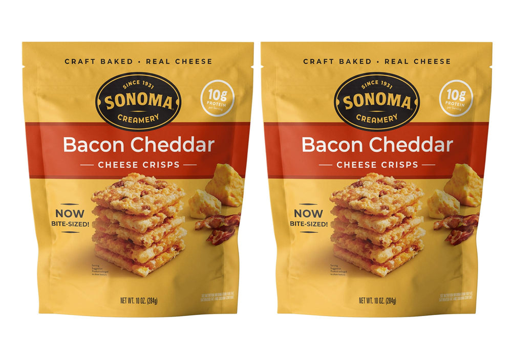 Sonoma Creamery Bacon Cheddar Crisps packaging showcases gluten-free, high-protein snack.