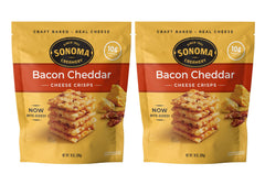 Sonoma Creamery Bacon Cheddar Crisps packaging showcases gluten-free, high-protein snack.