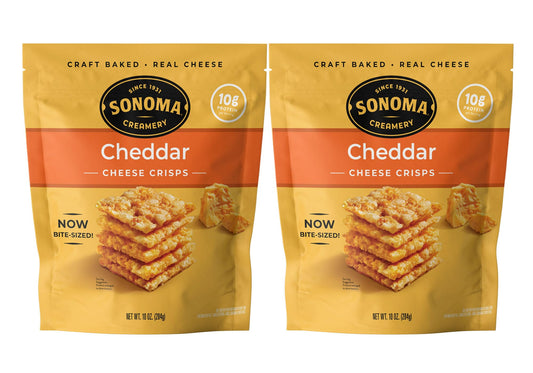Sonoma Creamery cheddar crisps front view, high-protein snack.