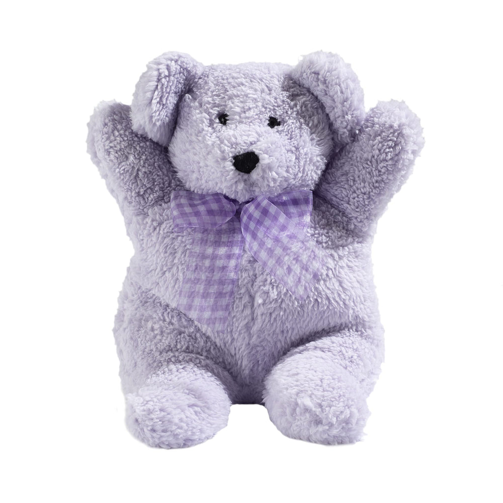 Lou the Lavender Bear front view, a cozy plush for relaxation.