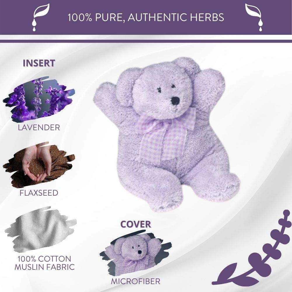 Lou the Lavender Bear in microwave heat therapy setup for gentle warming and comfort.